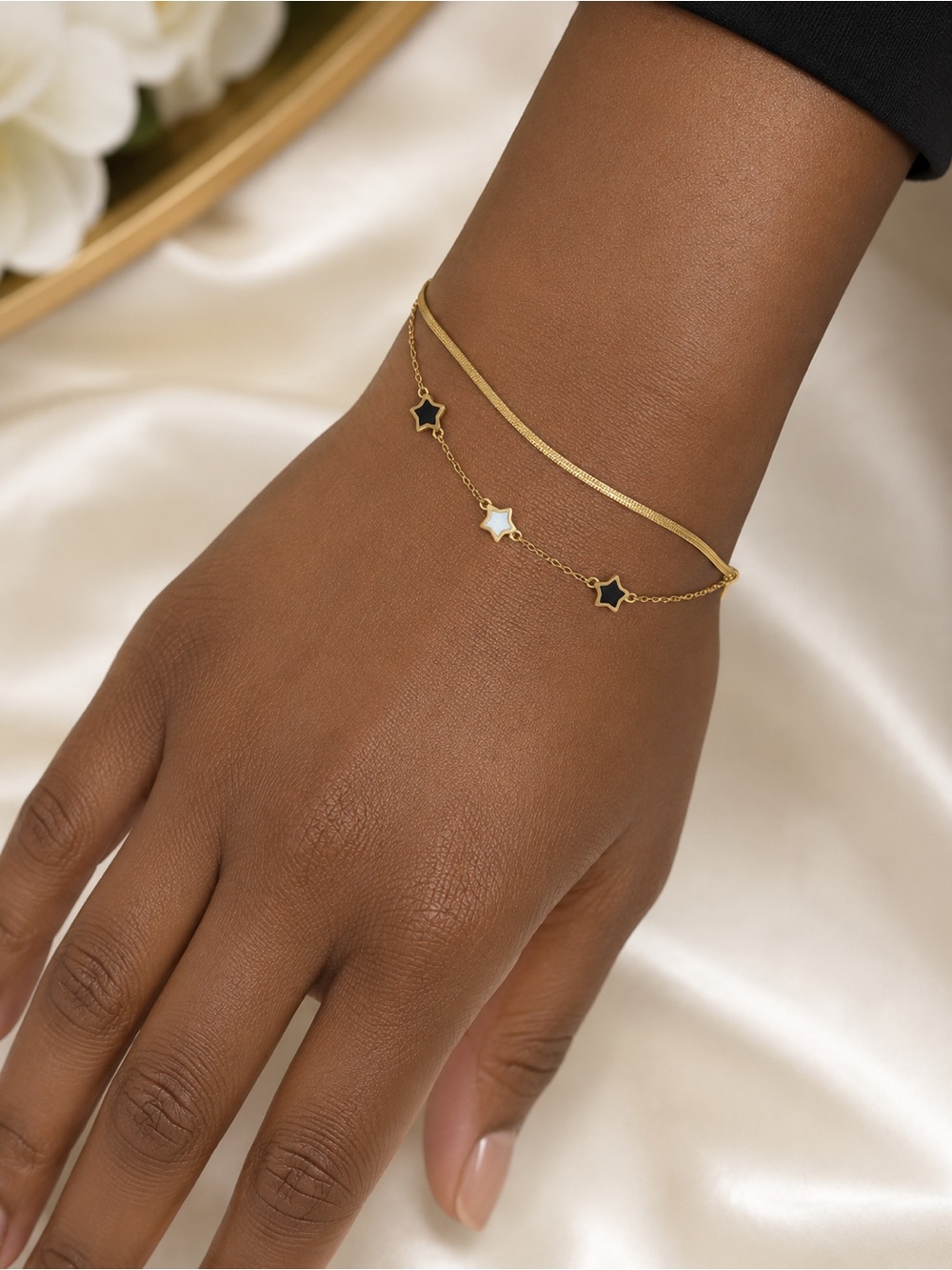 Gold Double Star Bracelet with Black and White Inlay - Women Jewelry